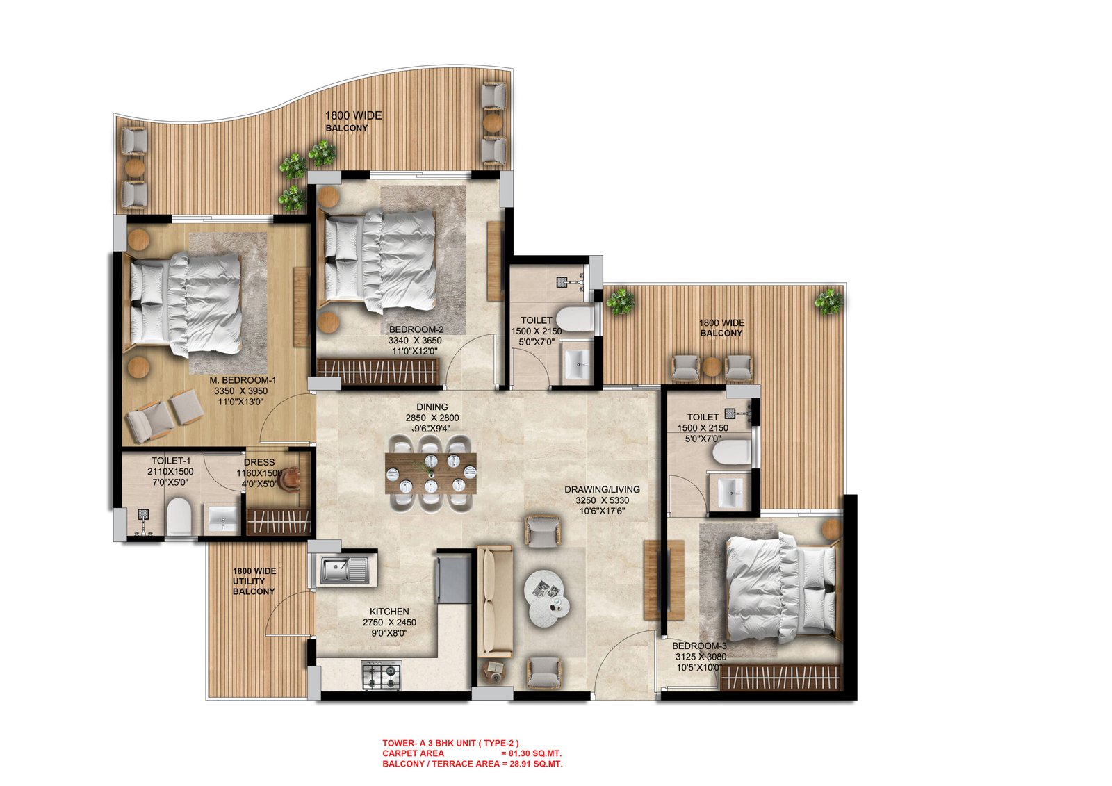 UNIT TYPE-1TOWER- A 3 BHK UNIT ( TYPE-2 )